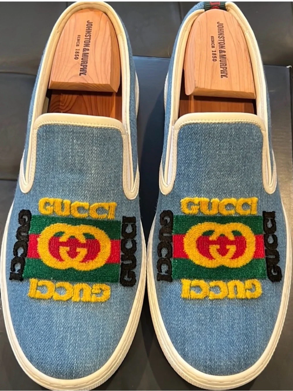 Gucci Men’s Denim Slip-On Sneakers with Multicolor Embroidered Logo